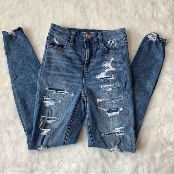 American Eagle AEO Curvy Hi Rise Jegging Jeans Destroyed Distressed Size 0 - Picture 4 of 10